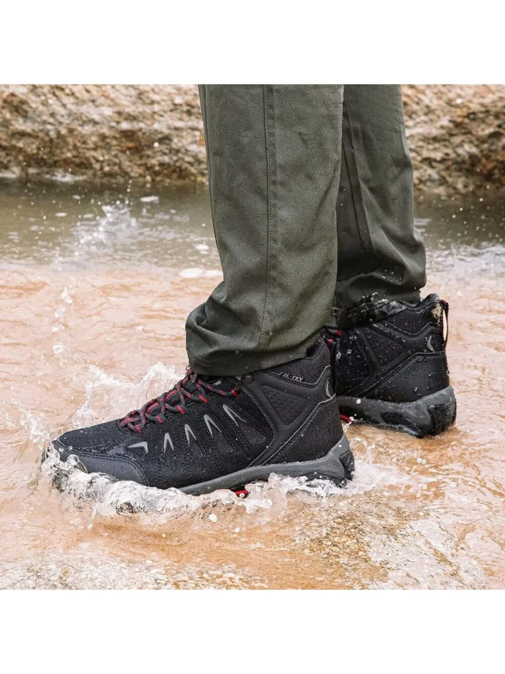 Men's Black Red Waterproof Shoes Casual Mid Top Round Toe Non Slip Hiking Boots